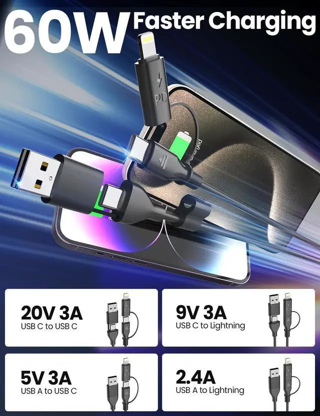 Alt view image 13 of 14 - 2 Pack Coiled USB-C and Lightning Cable 2-in-1, 3FT iPhone 17 16 15 Car Charger Cord, 60W Fast Charging Cable for iPhone 17, Samsung Galaxy, Supports Apple CarPlay & Android Auto (Black)