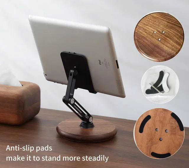 Alt view image 14 of 14 - Phone Desk Stand, Adjustable Foldable Cell Phone Stand with 360° Rotation for iPhone 16 15 14 13 Pro ipad, Mobile Phones & Tablets Stable, Ergonomic Holder for Home Office, Walnut Wood Base