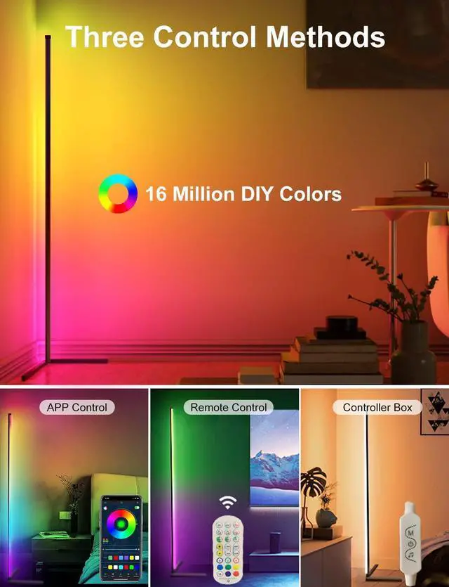 Alt view image 10 of 14 - Corner Floor Lamp,65 Color Changing LED Floor Lamp with Music Sync,Modern Mood Lighting Corner Lamp with Remote & App Control, Creative DIY Mode & Timing,RGB Floor Lamps for Living Room Gaming Room