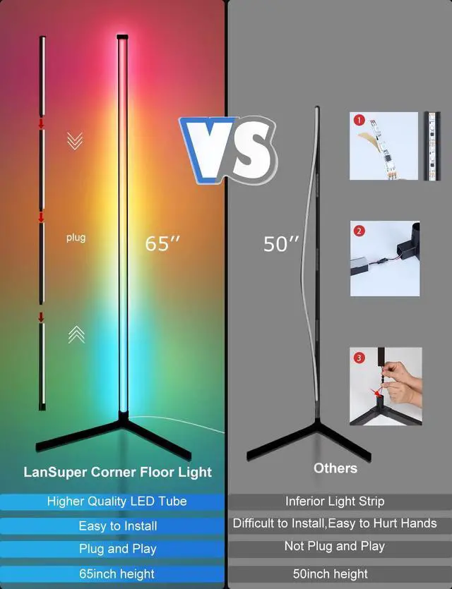 Alt view image 13 of 14 - Corner Floor Lamp,65 Color Changing LED Floor Lamp with Music Sync,Modern Mood Lighting Corner Lamp with Remote & App Control, Creative DIY Mode & Timing,RGB Floor Lamps for Living Room Gaming Room