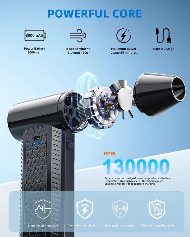 Alt view image 8 of 12 - Compressed Air Duster kit-Blower-pc Duster Electric-130000RPM- Replace Compressed air can-Keyboard Clean-car Mini Snow Blowers-Car Dryer air Blower-Jet Fan-No air Canned dusters for Cleaning