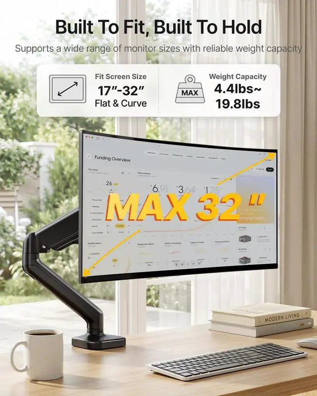 Alt view image 10 of 14 - Single Monitor Arm Fully Adjustable Monitor Mount Fits 17-32 inch Screens Desk Monitor Stand up to 19.8lbs with Clamp/Grommet, Cable Management, Quick Release Plate, VESA 75/100mm