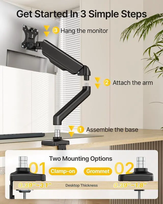 Alt view image 14 of 14 - Single Monitor Arm Fully Adjustable Monitor Mount Fits 17-32 inch Screens Desk Monitor Stand up to 19.8lbs with Clamp/Grommet, Cable Management, Quick Release Plate, VESA 75/100mm
