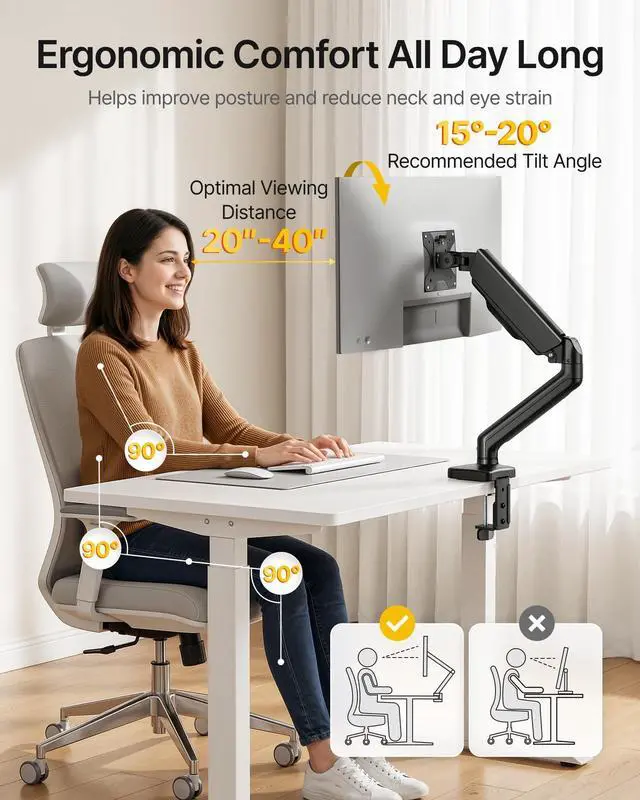 Alt view image 12 of 14 - Single Monitor Arm Fully Adjustable Monitor Mount Fits 17-32 inch Screens Desk Monitor Stand up to 19.8lbs with Clamp/Grommet, Cable Management, Quick Release Plate, VESA 75/100mm