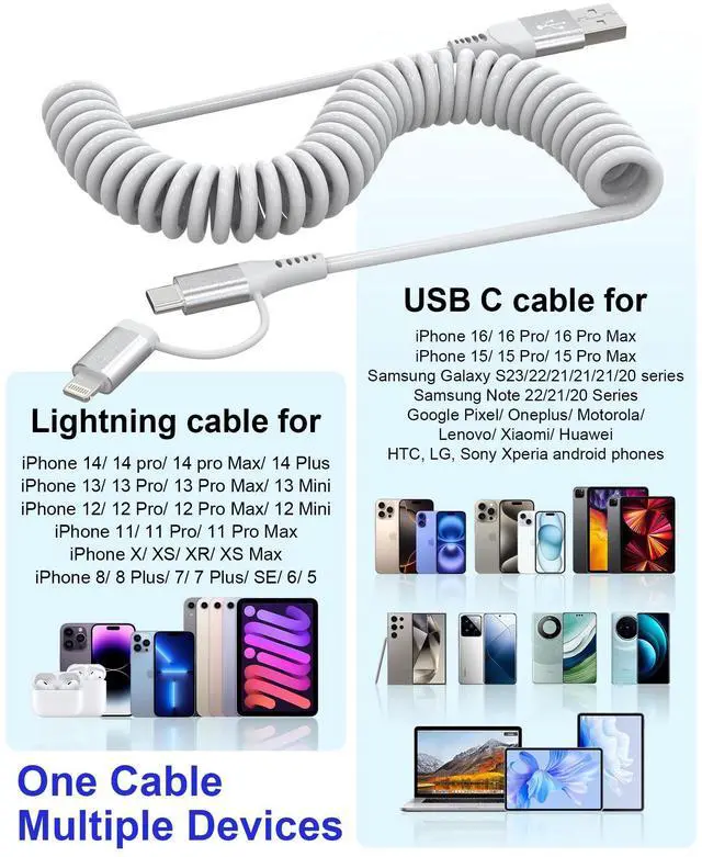 Alt view image 14 of 14 - USB to Lightning and USB C Cable 2 in 1 Coiled iPhone Charger Cord - Car Charger Lightning USB C Combo Support Apple Carplay & Android Auto & Data Sync, for iPhone 16 15 14 13 12 11 Android, White
