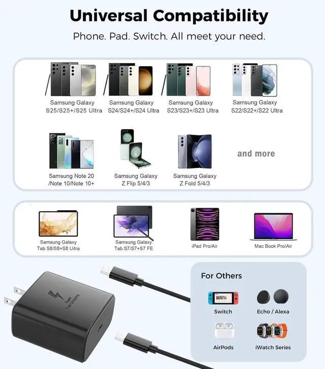 Alt view image 12 of 14 - 45W Super Fast Charger USB C 3.0 with Type C Charging Nylon Braided Cable Compatible with Samsung Charger Fast Charging Cord for Galaxy S25 Ultra/S24/S23/S22