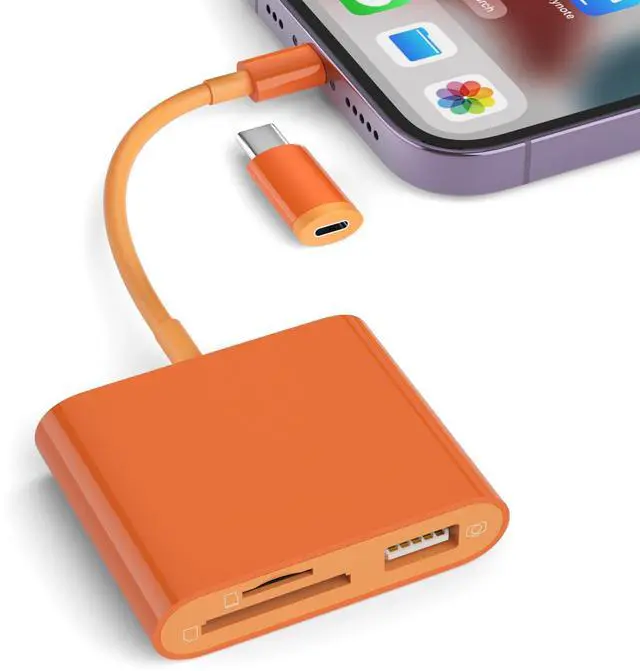 Alt view image 8 of 14 - SD Card Reader for iPhone, Memory Card Reader with USB-C to Light-ning Adapter Plug and Play Trail Game Camera Micro SD Card Viewer Support SD/TF Card and USB for iPad No App Required (Orange)