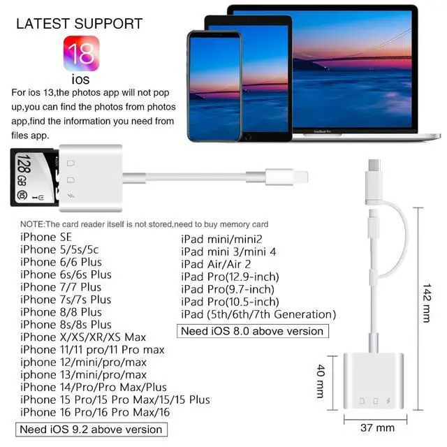 Alt view image 12 of 14 - SD Card Reader for iPhone iPad,Micro SD Card Reader Memory Card Reader Plug and Play Trail Camera SD Card Adapter,Simultaneous Charging and Reading