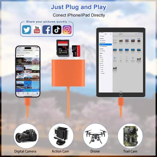 Alt view image 10 of 14 - SD Card Reader for iPhone, Memory Card Reader with USB-C to Light-ning Adapter Plug and Play Trail Game Camera Micro SD Card Viewer Support SD/TF Card and USB for iPad No App Required (Orange)