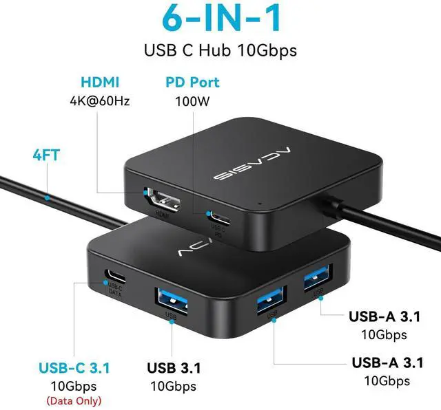 Alt view image 9 of 14 - USB C Hub Long Cable 4FT 10Gbps, Multiport Adapter with 4K 60Hz HDMI, 100W Power Delivery, 3 USB A3.1+1 USB-C 3.1 Data Port, USB c to HDMI Adapter for MacBook, Dell, Lenovo, Surface, iPad PRO