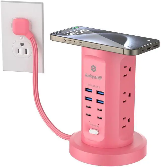 Alt view image 8 of 14 - Power Strip Tower, Surge Protector Tower 9 AC Outlets 8 USB (4 USB C), 6 Ft Retractable Extension Cord, Charging Station for Office Dorm Room, Pink