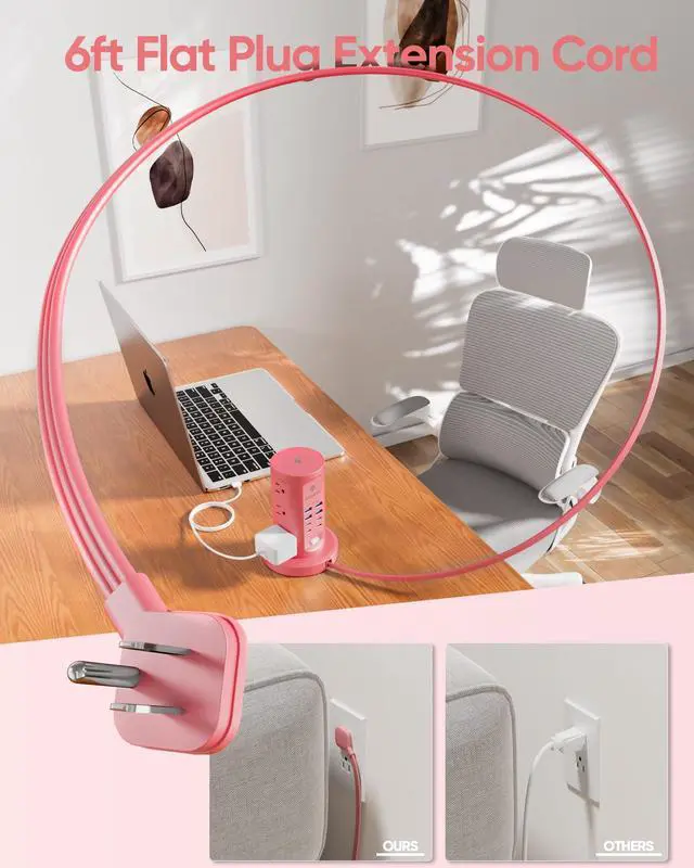 Alt view image 14 of 14 - Power Strip Tower, Surge Protector Tower 9 AC Outlets 8 USB (4 USB C), 6 Ft Retractable Extension Cord, Charging Station for Office Dorm Room, Pink