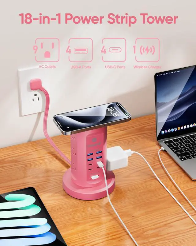 Alt view image 10 of 14 - Power Strip Tower, Surge Protector Tower 9 AC Outlets 8 USB (4 USB C), 6 Ft Retractable Extension Cord, Charging Station for Office Dorm Room, Pink