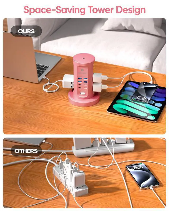 Alt view image 13 of 14 - Power Strip Tower, Surge Protector Tower 9 AC Outlets 8 USB (4 USB C), 6 Ft Retractable Extension Cord, Charging Station for Office Dorm Room, Pink