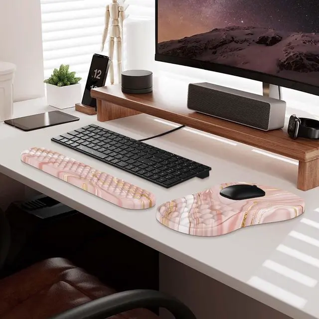 Alt view image 14 of 14 - Keyboard Wrist Rest, Ergonomic Mouse Pad with Wrist Rest, 3 in 1 Keyboard and Mouse pad with Coaster Set, Memory Foam Wrist Support, Non-Slip PU Base for Home Office, Rose Gold Pink