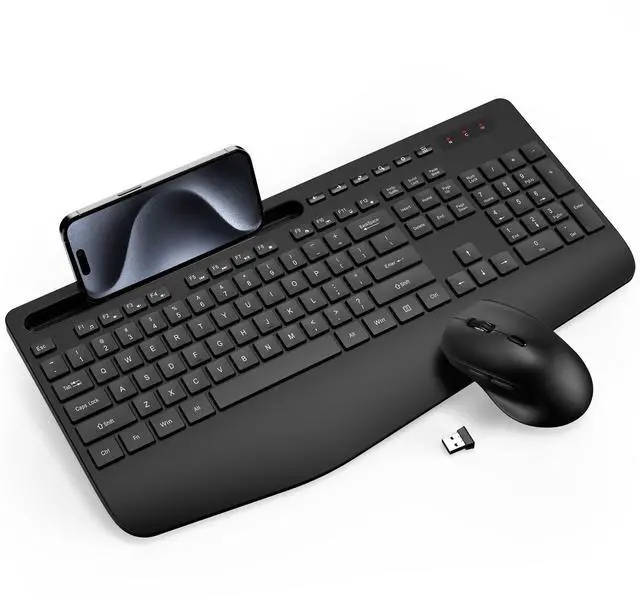 Alt view image 8 of 14 - Wireless Keyboard and Mouse Combo - Full-Sized Ergonomic Keyboard with Wrist Rest, Phone Holder, Sleep Mode, Silent 2.4GHz Cordless Keyboard Mouse Combo for Computer, Laptop, PC, Mac, Windows -Trueque