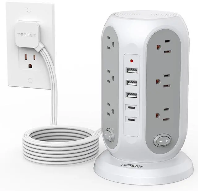 Alt view image 8 of 14 - Tower Power Strip with Individual Switches, Surge Protector with 12 Outlets, 5 USB Ports(2 USB C), Flat Extension Cord 10 Ft, 1250W, Charging Station for Multiple Devices, for Office, Dorm