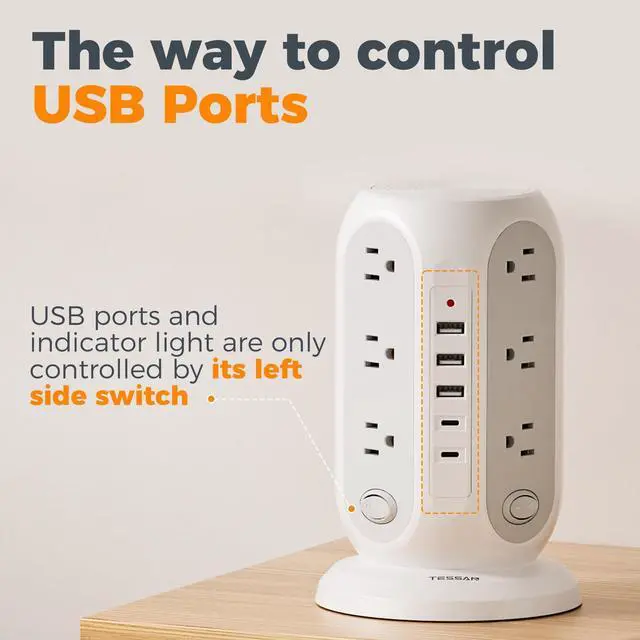 Alt view image 9 of 14 - Tower Power Strip with Individual Switches, Surge Protector with 12 Outlets, 5 USB Ports(2 USB C), Flat Extension Cord 10 Ft, 1250W, Charging Station for Multiple Devices, for Office, Dorm