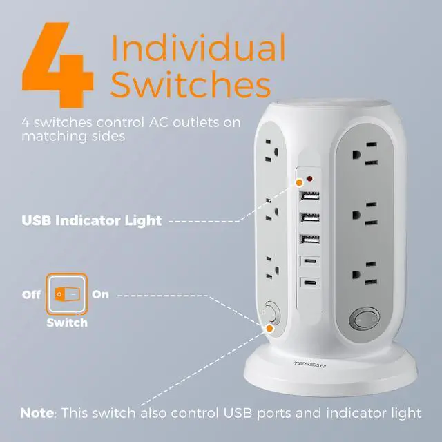 Alt view image 12 of 14 - Tower Power Strip with Individual Switches, Surge Protector with 12 Outlets, 5 USB Ports(2 USB C), Flat Extension Cord 10 Ft, 1250W, Charging Station for Multiple Devices, for Office, Dorm