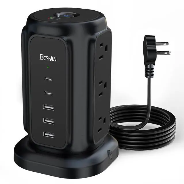 Alt view image 7 of 12 - Power Strip Tower with Flat Plug - 14 in 1 Surge Protector Tower (1200J), 9 AC Outlets & 5 USB Ports (2 USB C), 6.5ft Extension Cord, Desktop Charging Station for Home Office, Dorm Essentials, Black