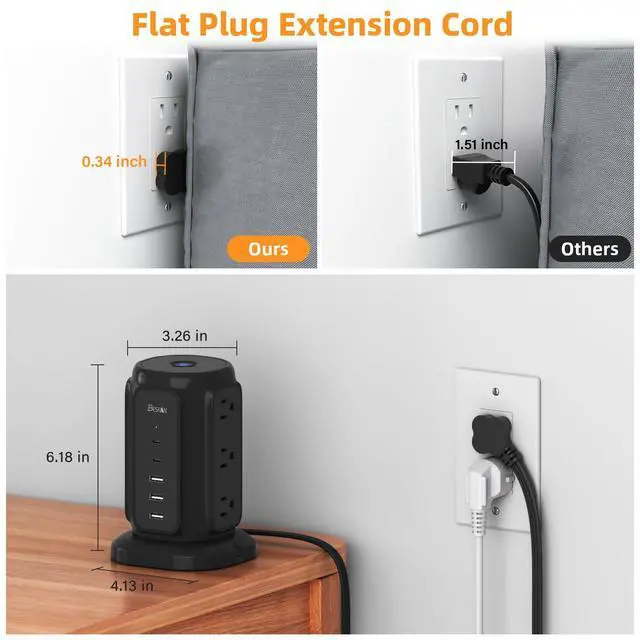 Alt view image 8 of 12 - Power Strip Tower with Flat Plug - 14 in 1 Surge Protector Tower (1200J), 9 AC Outlets & 5 USB Ports (2 USB C), 6.5ft Extension Cord, Desktop Charging Station for Home Office, Dorm Essentials, Black