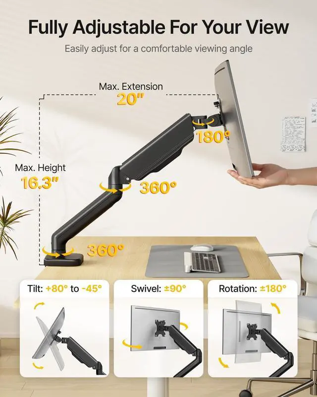 Alt view image 11 of 14 - Single Monitor Arm Fully Adjustable Monitor Mount Fits 17-32 inch Screens Desk Monitor Stand up to 19.8lbs with Clamp/Grommet, Cable Management, Quick Release Plate, VESA 75/100mm