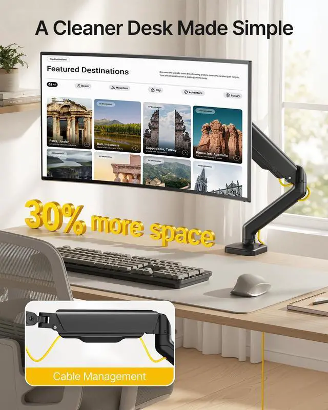 Alt view image 13 of 14 - Single Monitor Arm Fully Adjustable Monitor Mount Fits 17-32 inch Screens Desk Monitor Stand up to 19.8lbs with Clamp/Grommet, Cable Management, Quick Release Plate, VESA 75/100mm