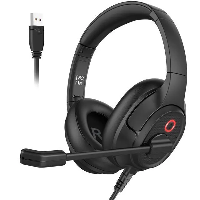 Alt view image 8 of 14 - Headset with Microphone for PC, USB Computer Headsets AI-Powered Environmental Noise Cancelling Headphone with Busylight, Mic Mute Boom & Volume Control, Wired Over-Ear Headset for Laptop/Work/Office