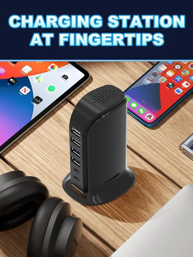 Alt view image 9 of 14 - USB Charger, Charging Station for Multiple Devices 45W, Fast Charging Blocks with Dual Type C Ports, 4 USB Charging Hub Organizer Multiport for iPhone, Ipad, Smartphones, Travel Accessories