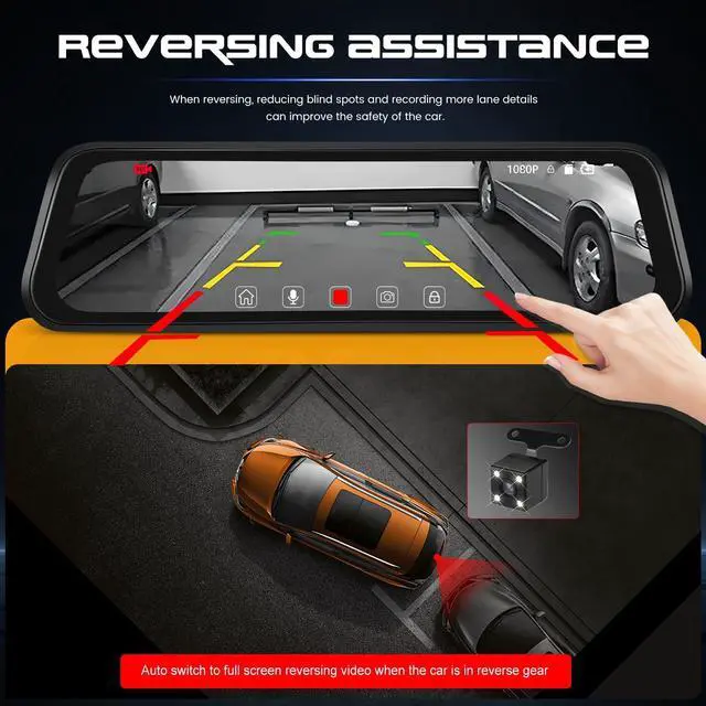 Alt view image 12 of 14 - Mirror Dash Cam, 9.66" 1080P FHD IPS Touch Screen Rear View Mirror Camera, Front and Backup Camera for Cars, Dashcam Night Vision, Loop Recording, Wide Angle, Parking Assistance