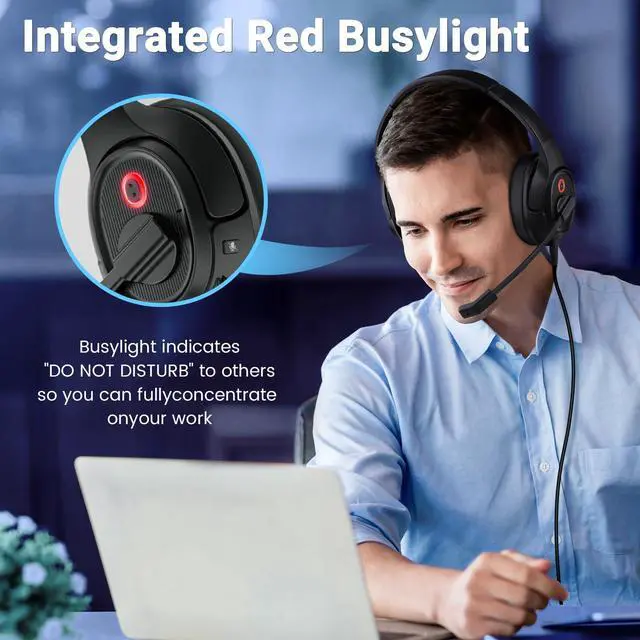 Alt view image 12 of 14 - Headset with Microphone for PC, USB Computer Headsets AI-Powered Environmental Noise Cancelling Headphone with Busylight, Mic Mute Boom & Volume Control, Wired Over-Ear Headset for Laptop/Work/Office