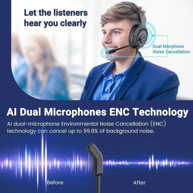 Alt view image 9 of 14 - Headset with Microphone for PC, USB Computer Headsets AI-Powered Environmental Noise Cancelling Headphone with Busylight, Mic Mute Boom & Volume Control, Wired Over-Ear Headset for Laptop/Work/Office