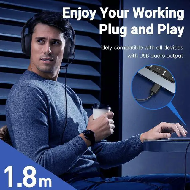 Alt view image 13 of 14 - Headset with Microphone for PC, USB Computer Headsets AI-Powered Environmental Noise Cancelling Headphone with Busylight, Mic Mute Boom & Volume Control, Wired Over-Ear Headset for Laptop/Work/Office