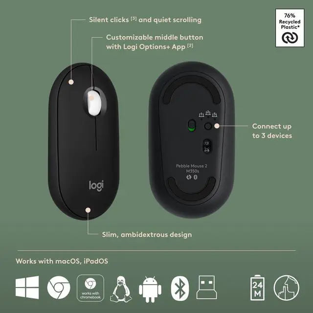 Alt view image 14 of 14 - Pebble 2 Combo, Wireless Keyboard and Mouse, Quiet and Portable, Customizable, Logi Bolt, Bluetooth, Easy-Switch for Windows, macOS, iPadOS, Chrome - Black