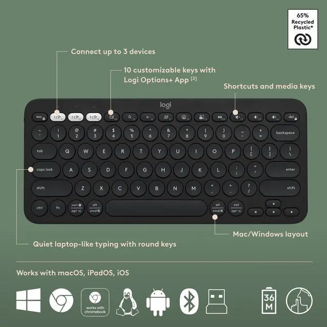 Alt view image 13 of 14 - Pebble 2 Combo, Wireless Keyboard and Mouse, Quiet and Portable, Customizable, Logi Bolt, Bluetooth, Easy-Switch for Windows, macOS, iPadOS, Chrome - Black