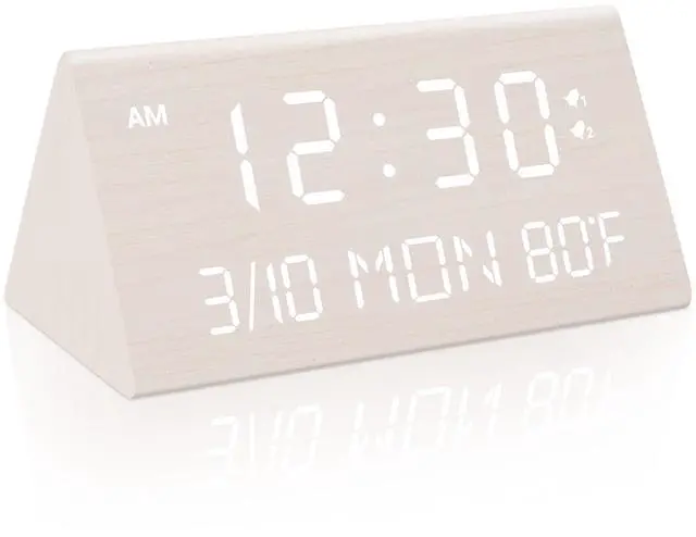 Alt view image 8 of 14 - Wooden Digital Alarm Clock, 0-100% Dimmer, 2 Alarm Settings, Weekday/Everyday Mode, 9 Mins Snooze, 12/24H, Temperature and Date Display for Office, Travel, Bedroom Alarm Clock (White)