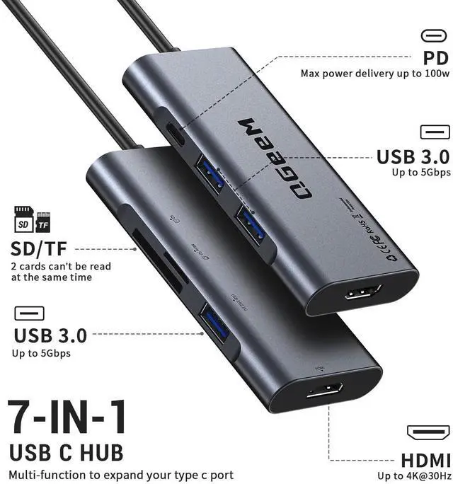 Alt view image 9 of 14 - USB C Hub, QGeeM USB 4k to HDMI Adapter, 7 in 1 USB-C Dongle with 100W PD,USB 3.0, Card Reader, Compatible for MacBook iPhone 15/17 Ipad Pro max,Chromebook Laptop USB Type C Dock-Grey