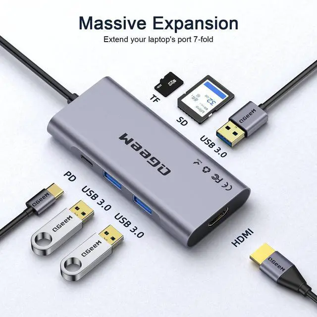 Alt view image 10 of 14 - USB C Hub, QGeeM USB 4k to HDMI Adapter, 7 in 1 USB-C Dongle with 100W PD,USB 3.0, Card Reader, Compatible for MacBook iPhone 15/17 Ipad Pro max,Chromebook Laptop USB Type C Dock-Grey