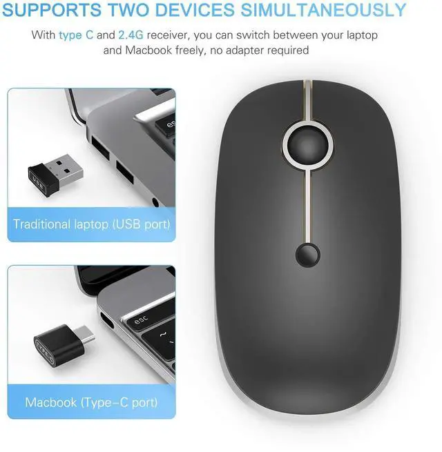 Alt view image 11 of 14 - Type C Wireless Mouse, USB C MacBook Wireless Mouse Dual Mode Cordless Mice with USB and Type C Receiver Compatible with PC, Laptop, MacBook and All Type C Devices-Black and Silver