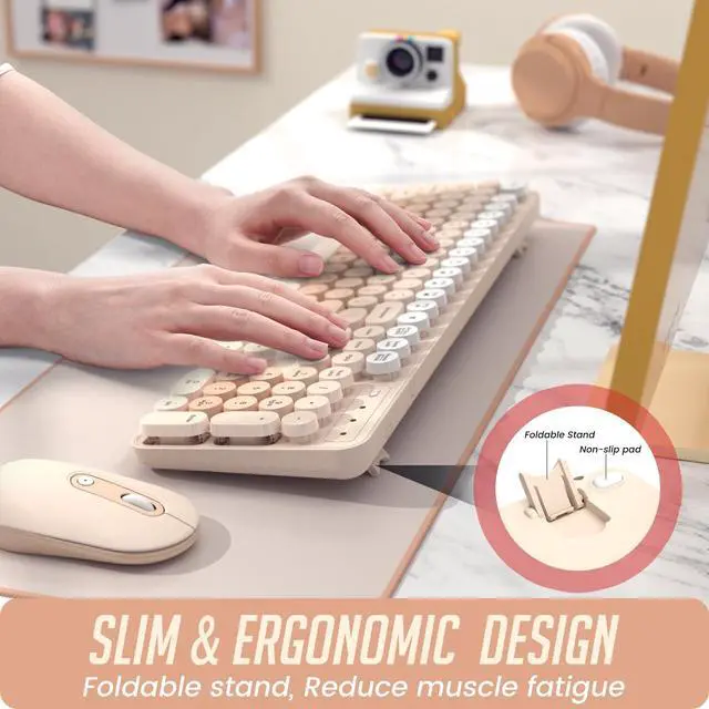 Alt view image 9 of 14 - Wireless Keyboard and Mouse, Silent Keyboard Mouse Combo, Full-Sized Colorful Typewriter Keyboard with Round Keycaps, 2.4G Cute Mouse Compatible with PC/Laptop/Computer(Milk Tea)