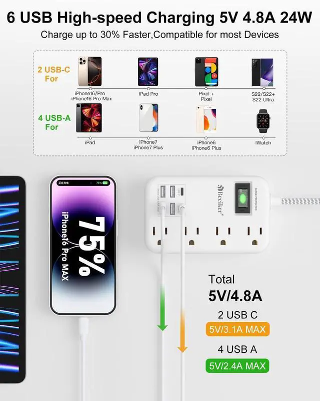 Alt view image 9 of 14 - 6 USB(2 USB C) Surge Protector Power Strip- 5Ft Travel Power Strip with 4.8A USB Charging Station and 4 Extendable Outlet, 13A Flat Plug Braided Extension Cord with Wall Mount for Travel Office Dorm