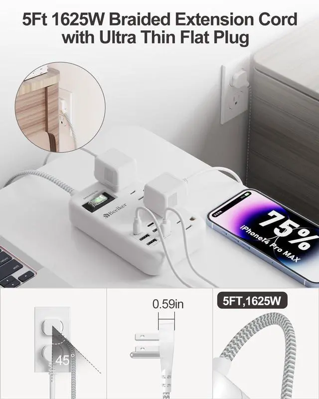 Alt view image 11 of 14 - 6 USB(2 USB C) Surge Protector Power Strip- 5Ft Travel Power Strip with 4.8A USB Charging Station and 4 Extendable Outlet, 13A Flat Plug Braided Extension Cord with Wall Mount for Travel Office Dorm