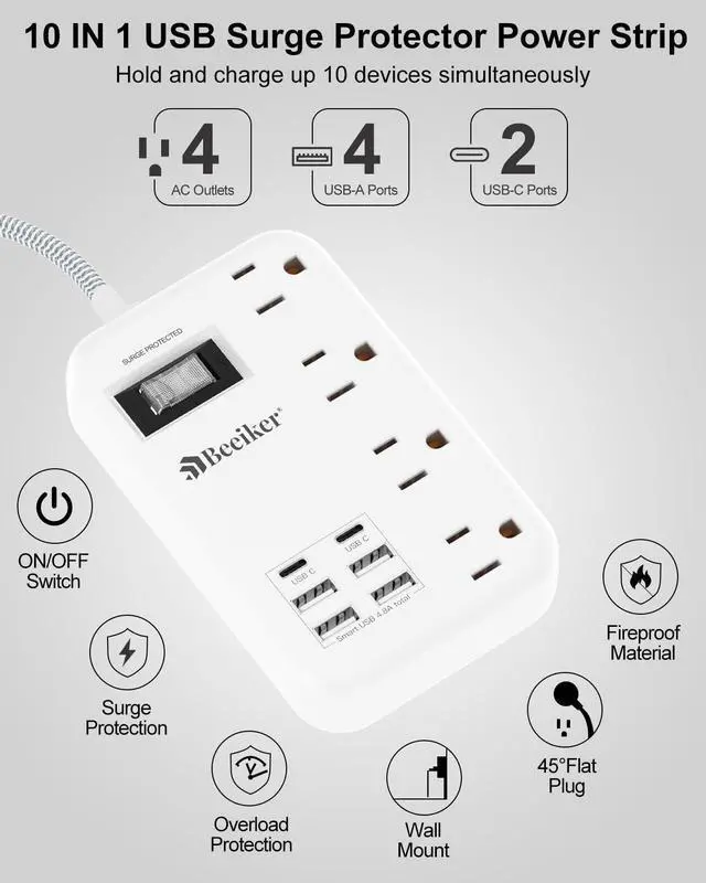 Alt view image 10 of 14 - 6 USB(2 USB C) Surge Protector Power Strip- 5Ft Travel Power Strip with 4.8A USB Charging Station and 4 Extendable Outlet, 13A Flat Plug Braided Extension Cord with Wall Mount for Travel Office Dorm