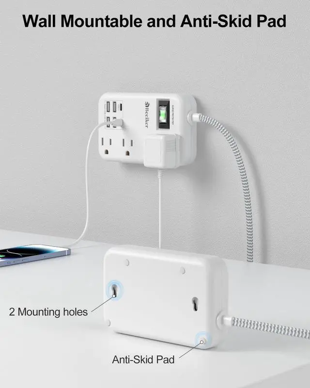 Alt view image 13 of 14 - 6 USB(2 USB C) Surge Protector Power Strip- 5Ft Travel Power Strip with 4.8A USB Charging Station and 4 Extendable Outlet, 13A Flat Plug Braided Extension Cord with Wall Mount for Travel Office Dorm