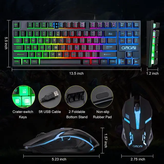 Alt view image 11 of 14 - 87 Keys TKL Gaming Keyboard and Mouse Combo, Wired LED Rainbow Backlit Keyboard 800-3200 DPI RGB Mouse, Gaming for PS4 Xbox PC Laptop Mac
