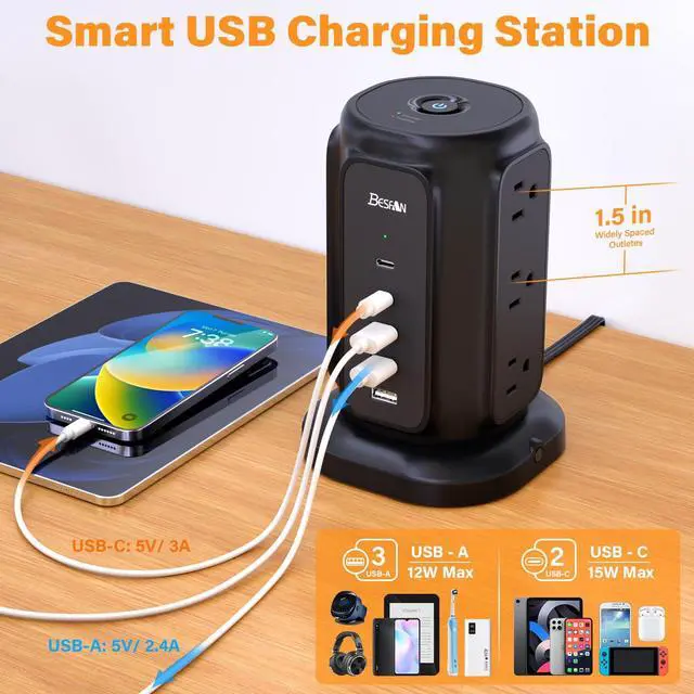 Alt view image 10 of 12 - Power Strip Tower with Flat Plug - 14 in 1 Surge Protector Tower (1200J), 9 AC Outlets & 5 USB Ports (2 USB C), 6.5ft Extension Cord, Desktop Charging Station for Home Office, Dorm Essentials, Black
