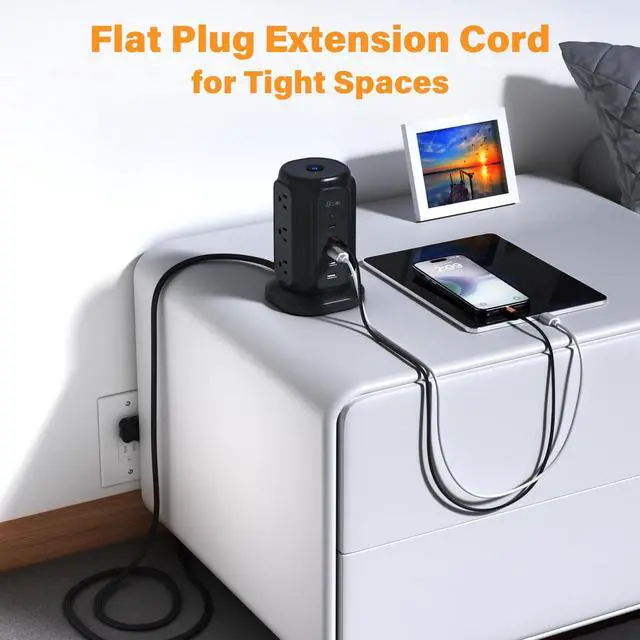 Alt view image 11 of 12 - Power Strip Tower with Flat Plug - 14 in 1 Surge Protector Tower (1200J), 9 AC Outlets & 5 USB Ports (2 USB C), 6.5ft Extension Cord, Desktop Charging Station for Home Office, Dorm Essentials, Black