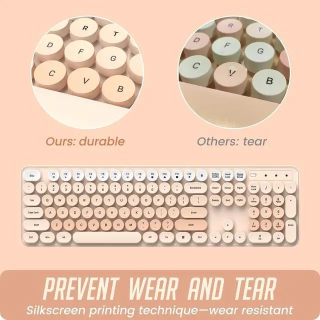 Alt view image 13 of 14 - Wireless Keyboard and Mouse, Silent Keyboard Mouse Combo, Full-Sized Colorful Typewriter Keyboard with Round Keycaps, 2.4G Cute Mouse Compatible with PC/Laptop/Computer(Milk Tea)