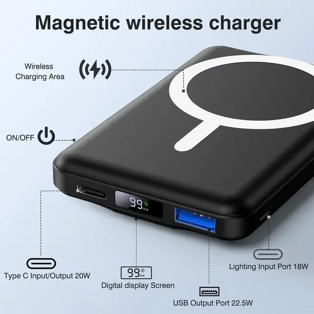 Alt view image 8 of 12 - for Mag-Safe Portable Charger, 10000mAh Magnetic Power Bank 22.5W Fast Charging,Mini Battery Pack Wireless with LED Display&Foldable Stand for iPhone 17/16/15/14/13/12 Series (Obsidian Black)