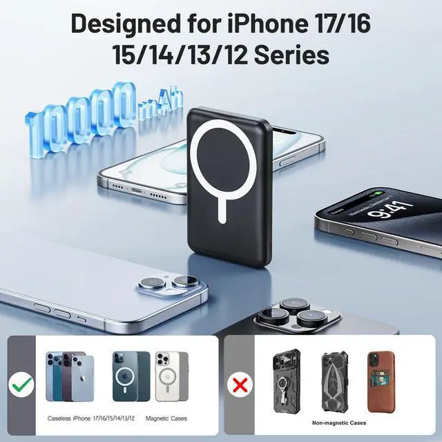 Alt view image 9 of 12 - for Mag-Safe Portable Charger, 10000mAh Magnetic Power Bank 22.5W Fast Charging,Mini Battery Pack Wireless with LED Display&Foldable Stand for iPhone 17/16/15/14/13/12 Series (Obsidian Black)